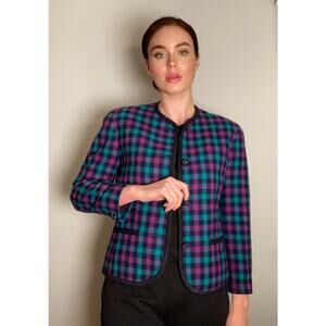 Pendleton Vintage 80s 90s 100% Wool Check Plaid Blazer Evening Jacket ~ Sz 8
